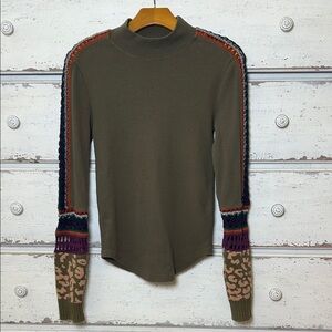 Free People Mock Neck Mixed Media Thermal Top Small Olive Green
